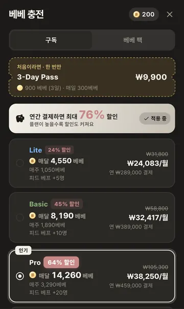 Lite·Basic·Pro 연간 결제와 월 환산