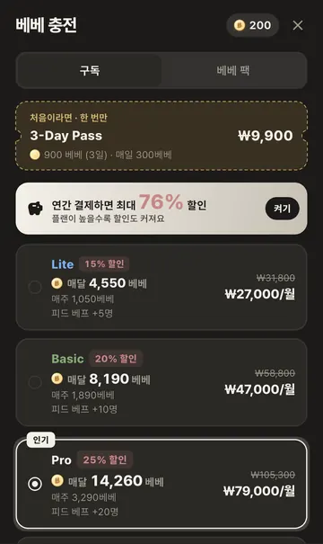 3일 패스와 Lite·Basic·Pro 구독