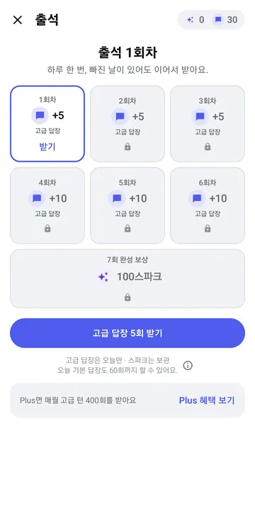 출석 5·10회 고급 답장과 7회차 100스파크