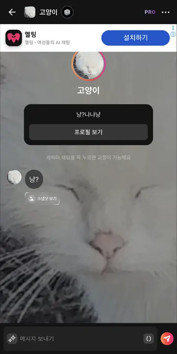 채팅방 모드 — 캐릭터 소개·친밀도·스냅샷 메뉴