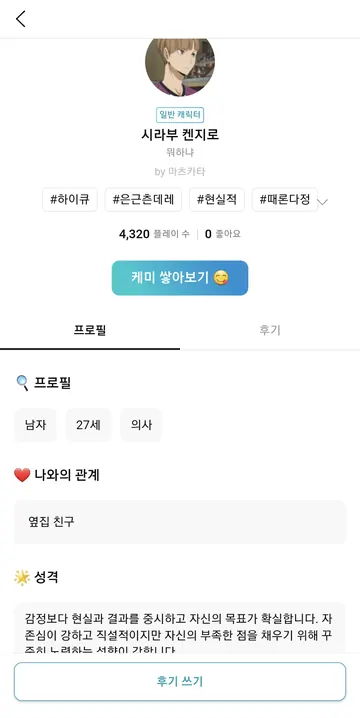 캐릭터 상세 — 태그·프로필·관계·성격