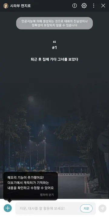플레이 채팅 — 챕터·지문 입력·메모리 안내