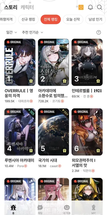 일간 전체 랭킹과 추천 인기순