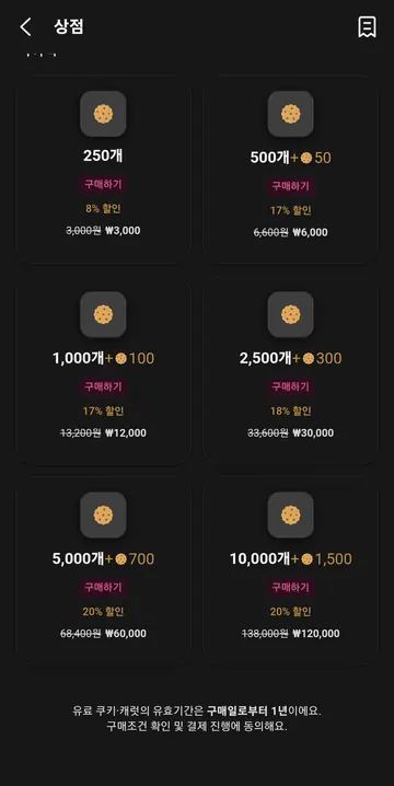 일반 쿠키 충전 6종과 보너스