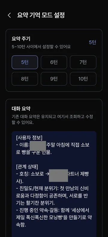 누적 다섯 턴 후 생성된 기억 요약