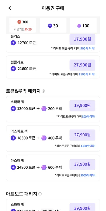 토큰·루빅 패키지 가격