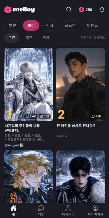 주간·일간·전체 랭킹과 자정 갱신 안내