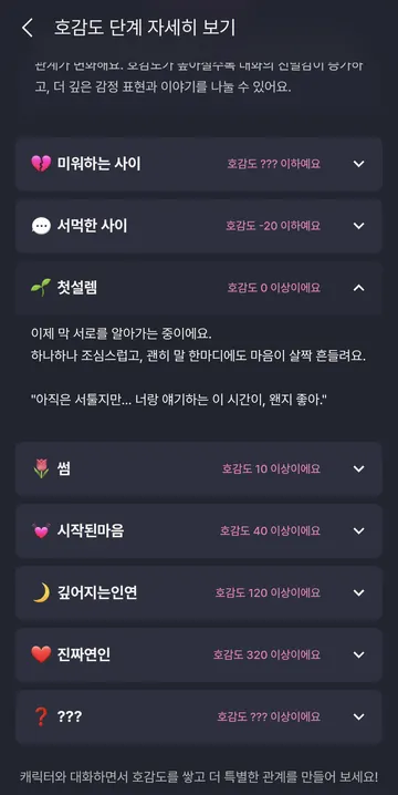 호감도 단계와 관계 변화 기준
