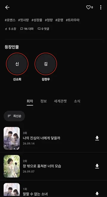 노벨 등장인물·회차 목록과 소장 메뉴