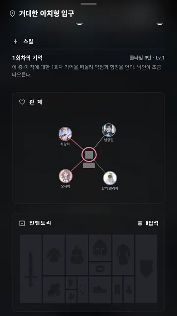 RPG 대화 뒤 나타난 인물 관계도와 인벤토리