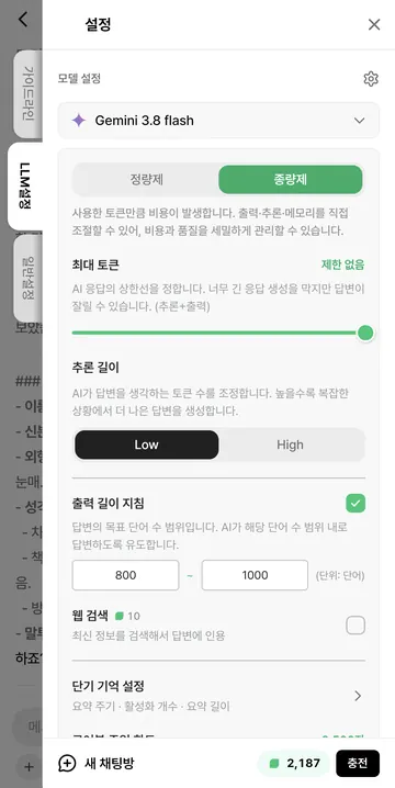 종량제 추론·출력·기억 설정