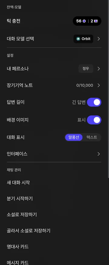 장기기억·답변 길이·대화 표시·저장 설정