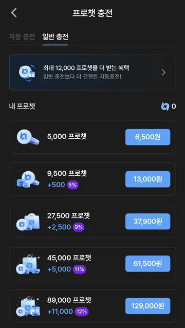 일반 프로챗 충전 가격과 보너스